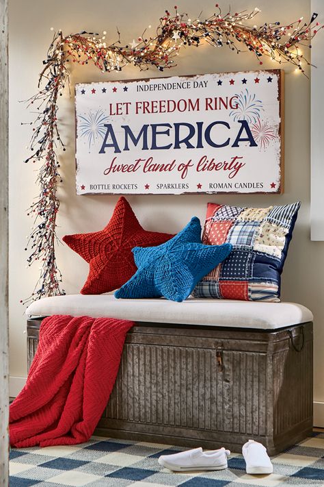 It’s Farmhouse-Style Fanfare!👩‍🌾❤️ Showcase your love of Americana with traditional-looking craftsmanship. Shop all Americana now! Coastal Americana Decor, Americana Bedroom Decor, Coastal Americana, Americana Bedroom, Rustic Americana Decor, Garage Organisation, Oversized Quilt, Rustic Americana, New Americana