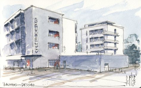 Bauhaus Dessau Bauhaus Sketch, Forest Sketch, Bauhaus Building, Bauhaus Architecture, Architecture Drawing Sketchbooks, Building Sketch, Rain Painting, Architectural Presentation, Walter Gropius