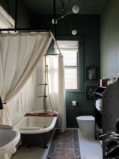 The Green Bathroom Makeover - Renee Renovates Dark Green Bathroom Ceiling, Green Bathroom Ceiling, Green Ceiling Bathroom, Dark Green Small Bathroom, Black And Green Bathroom Ideas, Green Moody Bathroom, Dark Moody Bathroom Ideas, Deep Green Bathroom, Small Green Bathroom