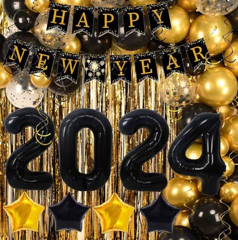 Nye Balloons, Nye Decorations, New Year Backdrop, Banner Black, Happy New Year Banner, New Year's Party Decorations, Jumbo Balloons, Fringe Backdrops, Prom Decor