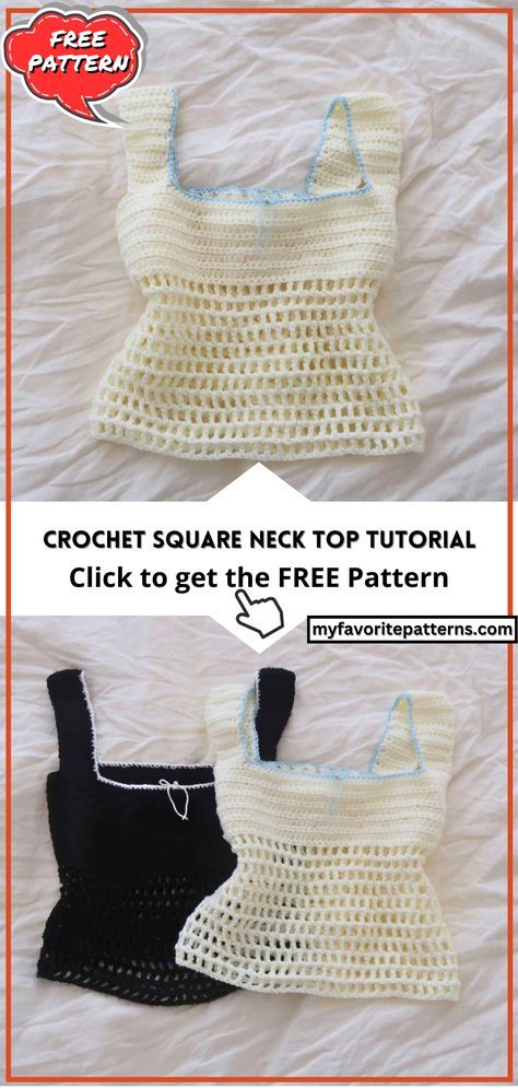 Crochet Square Neck Top Tutorial Crochet Square Neck Top Pattern Free, Easy Free Crochet Top Patterns, Crochet Tops Pattern Free Summer, Cute Crochet Tops Pattern, Crochet Top With Pattern, Crocheted Top Pattern, How To Crochet A Top Step By Step, Crochet Summer Inspiration, Free Crochet Top Patterns For Beginners