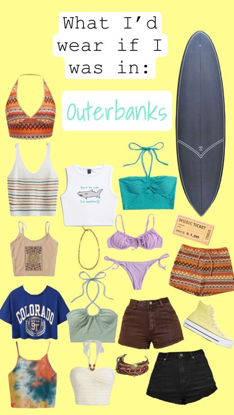 Everything besides the shoes, jewelry, ticket, and surfboard can be found on SHEIN! Obx Outfits Shein, Outerbanks Aethstetic Outfit, Cute Surfboards, Vintage Preppy Outfits, Beachy Aesthetic Outfits, Casual Summer Outfits Dresses, Shein Summer Outfits, Vsco Aesthetic Outfits, Pogue Life Outfits