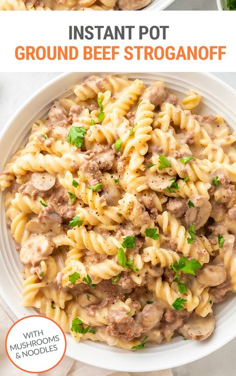 This Instant Pot Ground Beef Stroganoff recipe is a budget-friendly version of the classic dish. In this case, it's a one-pot pasta and ground beef dish cooked at the same time with mushrooms and onions, then finished with sour cream and fresh parsley. Ground Beef Stroganoff Instant Pot, Ground Beef Stroganoff Recipe Easy, Beef Stroganoff Recipe Easy, Ground Beef Mushroom Recipe, Stroganoff Recipe Easy, Noodles Mushrooms, Sour Cream Pasta, Beef And Mushroom Recipe, Beef Mushroom Stroganoff