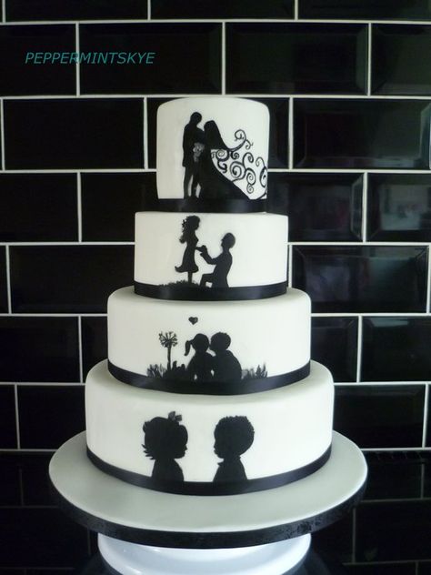 Preciosa tarta describiendo la vida desde que la pareja se conocio hasta el dia de su boda. Black Wedding Cake, Black And White Wedding Cake, Buffet Dessert, Silhouette Cake, White Wedding Cake, Awesome Cakes, Wedding Cake Inspiration, Cool Cakes, Wedding Cake Ideas