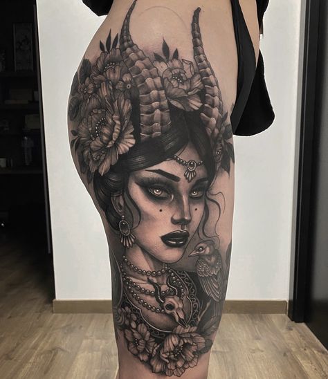 Best Capricorn Tattoo Ideas, Realism Witch Tattoo, Gothic Goddess Tattoo, Gothic Lady Tattoo, Witch Portrait Tattoo, Romani Lady Tattoo, Romani Woman Tattoo, Dark Feminine Tattoos Half Sleeves, Girl Face Tattoo Design