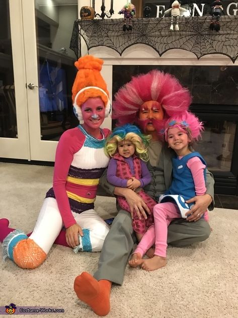 Trolls and Bergen Costume - Halloween Costume Contest Trolls Dj Suki Costume Diy, Tiny Diamond Costume, Family Trolls Halloween Costumes, Trolls Family Costume, Trolls Family Halloween Costume, Dj Suki Costume, Trolls Costume Adult, Dj Suki Trolls, Long White Pants