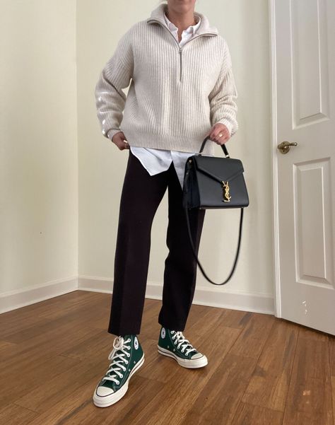 Sweater Outfit With Skirt, Zip Up Sweater Outfit, Half Zip Outfit, Half Zip Sweater Outfit, Zip Sweater Outfit, Outfit With Skirt, Sweater Outfit Ideas, Converse Bag, Sweater And Skirt