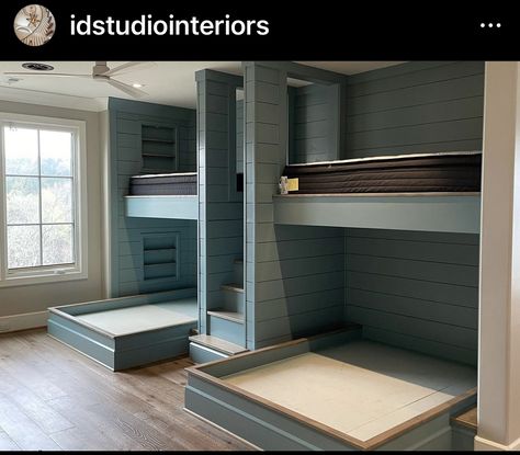 Built In Bunk Beds Knee Wall, Full Over Queen Built In Bunk Bed, Built In Bunks With Stairs, Built In Bunk Beds Basement, Attic Bunk Room Sloped Ceiling, Bunk Rooms Built In, Loft Bunk Room, Mountain Bedrooms, Lake House Bunk Rooms