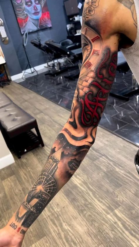 Upper Half Sleeve Tattoos, Half Arm Sleeve Tattoo, Forearm Cover Up Tattoos, Inside Of Arm Tattoo, Word Tattoo Ideas, Tattoos Forearm, Black Men Tattoos, Outer Forearm Tattoo, Half Sleeve Tattoos Forearm