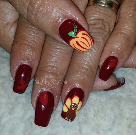 Cornucopia of Color Turkey Nails, Coffin Acrylic Nails, Pumpkin Nail Art, Thanksgiving Nail Designs, Thanksgiving Nail Art, Thanksgiving Nail, Holiday Nail Designs, Pumpkin Nails, Seasonal Nails