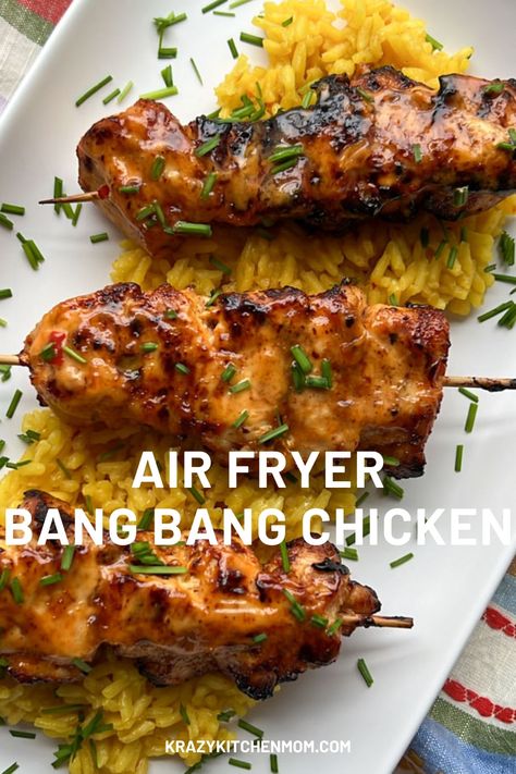 Air Fryer Bang Bang Chicken Skewers A delicious and healthy take on flavorful, sweet, spicy, tangy chicken kabobs that are a true family favorite. Once you try this recipe, you'll make it regularly. Air Fryer Chicken Kabob Recipes, Air Fryer Chicken Skewers Easy, Garlic Butter Chicken Skewers Air Fryer, Bang Bang Chicken Skewers Air Fryer, Airfryer Lemon Pepper Chicken Skewers, Bang Bang Chicken, Gluten Free Chili, Chicken Kabobs, Chicken Skewers