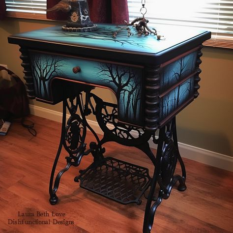 Goth Furniture Diy, Gothic Furniture Diy, Furniture Remake, Graffiti Furniture, Upcycled Garden, Whimsical Painted Furniture, Sewing Machine Table, Fantasy Furniture, Whimsical Furniture