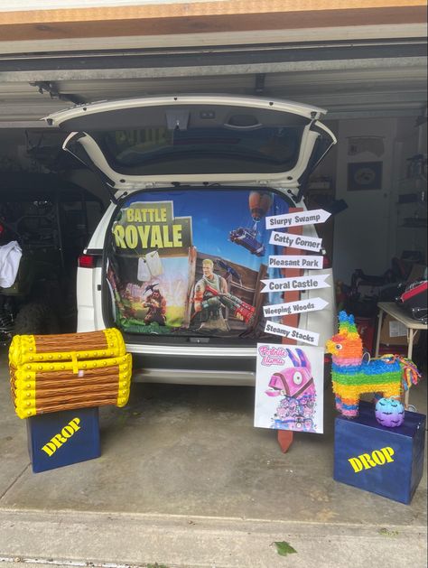 Fortnite Trunk Or Treat Ideas, Trunk Or Treat Fortnite, Fortnite Trunk Or Treat, Trunk Or Treat Blue Car, How To Run A Successful Trunk Or Treat, Fortnite Photo Booth, Trunker Treat Ideas, Coral Castle, Blue Spray Paint