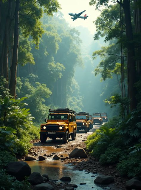 A line of vehicles traveling in a jungle in Asia in defender colors and a beautiful jungle with a rain forest and an aerial plane flying over the jungle Jungle Explorer Aesthetic, Explorer Aesthetic, Jungle Explorer, Beautiful Jungle, Plane Flying, Jungle Adventure, Mermaid Life, Beautiful Forest, Rain Forest