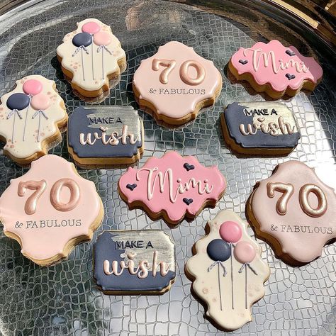 2 Smart Cookies on Instagram: “It’s a celebration for Mimi! Happy 70th Birthday Rose gold edible art cake paint is from Sweet Sticks • • • • #royalicingcookies…” Gift Cookies Decorated, 70th Birthday Party Ideas For Mom, 70th Birthday Ideas For Mom, Sweet Sticks, Birthday Rose Gold, Happy 70th Birthday, Smart Cookies, 70th Birthday Decorations, Happy Birthday Cookie