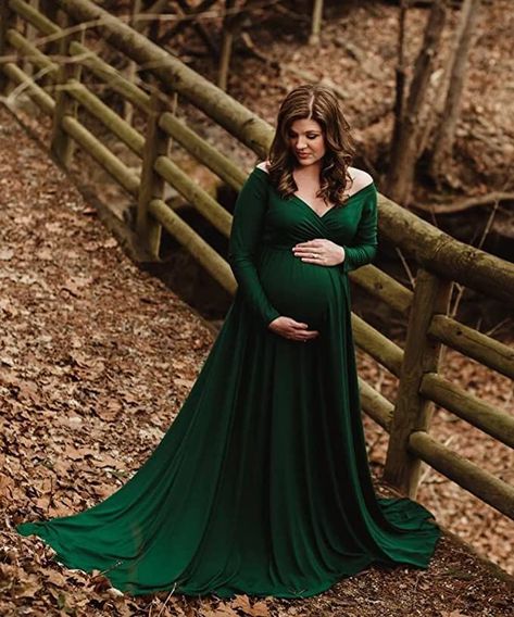 #maternityphotos #maternityphotosession #maternityphotodress #maternitydress Pregnant Wedding Guest, Green Maternity Dress, Maternity Photo Dress, Maternity Occasion Dress, Green Maternity Dresses, Maxi Maternity Dress, Winter Maternity Photos, Wine Colored Dresses, Off Shoulder Gown