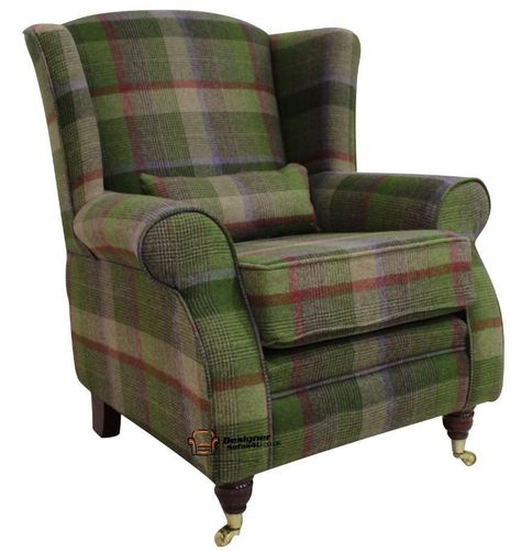 Arnold Fireside High Back Wing Armchair Halam Lime Green Check Tweed Wool #DesignerSofas4u Winged Armchair, Fireside Chairs, High Back Armchair, Bolster Cushions, Bespoke Interiors, High Back Chairs, Check Fabric, Fabric Armchairs, Wing Chair