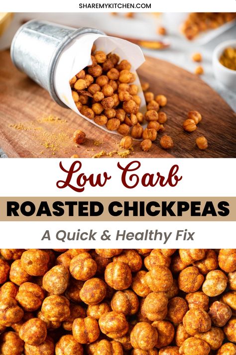 The text on image: Low Carb Roasted Chickpeas – A Quick & Healthy Fix Chip Alternative Healthy, Alternative To Chips, Chip Alternative, Chic Peas, Chickpea Snacks, Optavia Recipes, Protein Chips, Carb Snacks, Pea Recipes