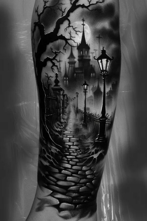 Tattoo idea: tattoo sketch A cobblestone alley in an old city glows 1 Cemetery Tattoo Ideas, Dark Creepy Tattoos, Spooky Book Tattoo, Clock Tower Tattoo Design, Underworld Tattoo Ideas, Grim Reaper Tattoo Designs, Underworld Tattoo, Gothic Dragon Tattoo, Dark Sleeve Tattoo