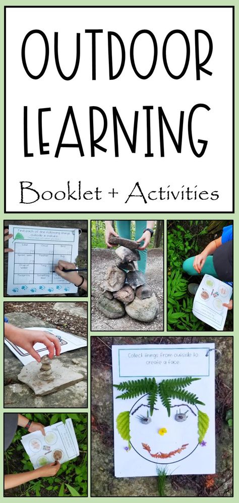 The pin shows six images of outdoor learning activities being done outside.  A rock tower, nature face, nature painting, and a checklist are all being done. Diy Treasure Hunt, Outdoor Education Activities, Outdoor Nature Activities, Rock Tower, Learning Outside, Nature Based Learning, Outdoor Learning Activities, Treasure Hunt For Kids, Forest School Activities