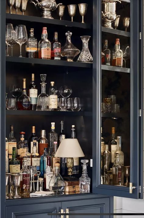 Bookshelf As Bar Cart, Alcohol Cabinet Ideas Modern, Alcohol Bookshelf, Styling A Bar Area, Bookshelf Bar Cart, Whisky Display Cabinet, Dark Academia Bar Cart, Vintage Storage Cabinet, Curio Cabinet Bar