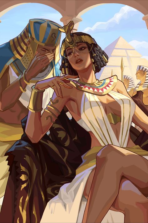 Cleopatra Character Design, Egyptian Gods Drawings, Magic User Pose Reference, Cleopatra Illustration, Egyptian Dnd, Egyptian Mythology Art, Egyptian Oc, Asian Oc, Queen Oc