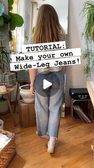 Emily Mechling on Instagram: "You asked for it! The Wide-Leg Jean Tutorial is here!   This is a fun and simple way to make use of your old jeans that would otherwise sit in your closet unworn and forgotten!   Materials Required: - skinny or straight leg jeans - fabrics (for the side panels) - fabric scissors - pins - chalk or fabric marker - sewing machine - *serger (this is optional! If you don’t have one, you can use an overlocking stitch on your machine to finish the raw edges)   I hope this was helpful and inspires you to make your own! 👖 🪡" Upcycled Jeans Diy, Ways To Upcycle Jeans, Diy Sewing Clothes Upcycling Old Jeans, Wide Leg Pants Diy, Adding Length To Jeans, How To Upsize Jeans, How To Widen Jeans Leg, How To Lengthen Jeans, Make Jeans Bigger Waist