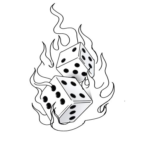 Dice On Fire Drawing, Playing With Fire Tattoo, Card On Fire Tattoo, Dice On Fire Tattoo, Flame Tattoo Outline, Flame Tattoo Stencil, Flame Outline, Dice Drawing, Traditional Tattoo Flash Sheets