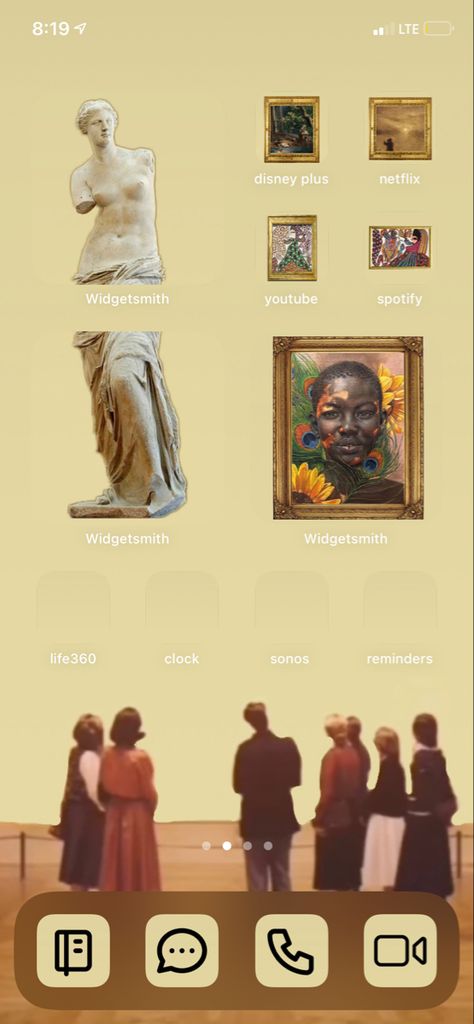 Classical Art Homescreen Layout, Creative Homescreen Layout, Ios 16 Home Screen Ideas Art, Ios 16 Art, Maximalist Phone Layout, Artsy Phone Layout, Artsy App Icons, Creative Homescreen, Ios Homescreen Ideas Aesthetic