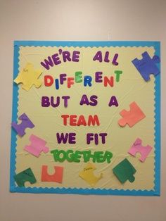 Motivational Workplace Bulletin Boards | Bulletin Board Ideas We Fit Together, Staff Bulletin Boards, Office Bulletin Boards, Meeting Games, Motivational Quotes For Employees, Bulletin Boards Theme, Work Bulletin Boards, Zoom Online, Team Building Quotes