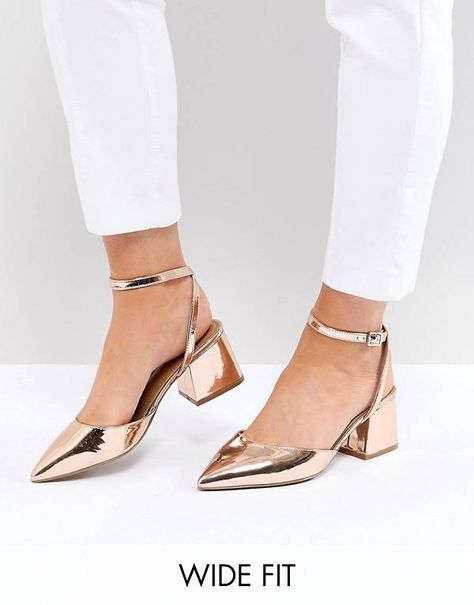 ASOS SCARLETTE Wide Fit Mid Heels Gold Shoes Heels, Gold Kitten Heels, Reception Shoes, Rose Gold Heels, Mid Heel Shoes, Mid Heels Pumps, Metallic Shoes, Ankle Strap Shoes, Block Heel Shoes