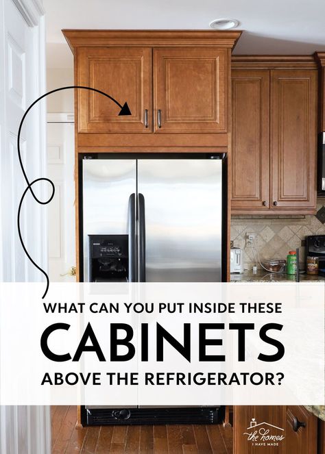 The wide, deep cabinets above a refrigerator can be really tricky to organize! What do you put in them? Click through to see the easy (and inexpensive!) way we organize all our baking sheets and pans, taking advantage of this awkward cabinet but in a totally usable way! Kitchen Cabinet Pots And Pans Drawer, Cabinet Pan Storage, What To Put In Upper Kitchen Cabinets, Above Refrigerator Cabinet Organization, How To Organize Your Cupboards, High Cabinet Organization, Deep Cabinets Solutions, How To Store Cookie Sheets, Deep Cabinets Organization