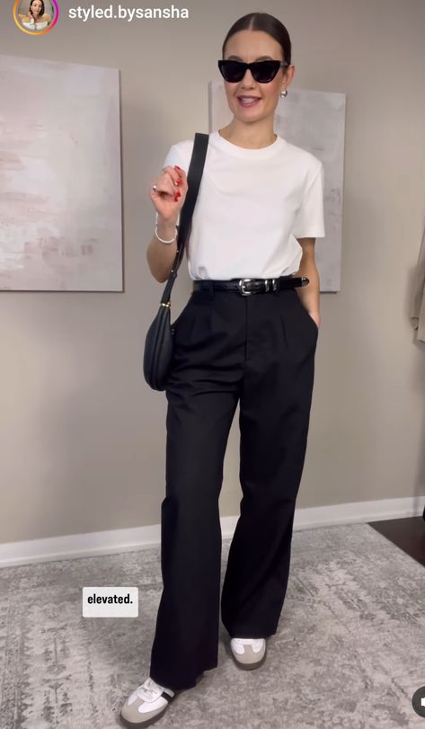 Black Dress Pants White Sneakers, Black And White Business Casual, Black Slacks Outfit, Wide Jeans Outfit, Business Uniform, White Tennis Shoes Outfit, Looks Com All Star, Europe Fits, Slacks Outfit