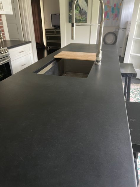 Black Concrete Kitchen Countertops, Slate Quartz Countertops, Soapstone Countertops Stainless Sink, Solid Grey Countertops Kitchen, Slate Countertops Kitchen, Black Cement Countertops, Charcoal Concrete Countertops, Concrete Granite Countertops, Black Suede Countertops