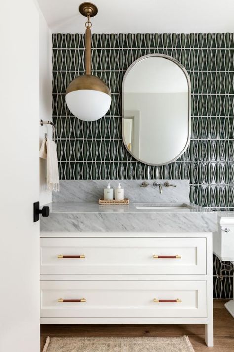 Powder Room Tile Backsplash, Bathroom Vanity Tile Backsplash, Bathroom Vanity Backsplash Ideas, Vanity Backsplash Ideas, Tile Backsplash Bathroom Vanity, Bathroom Sink Backsplash Ideas, Bathroom Vanity Backsplash, Powder Room Tile, Vanity Backsplash