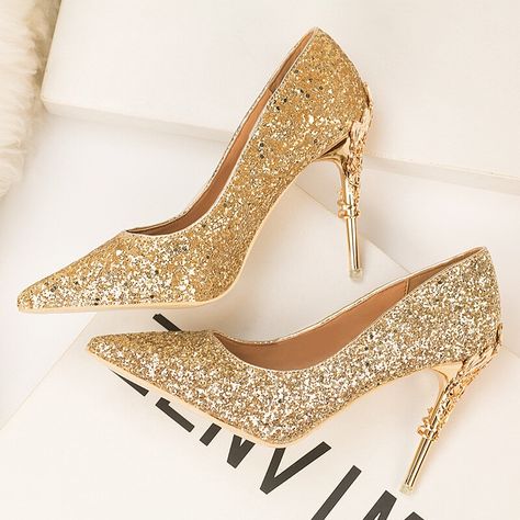 Glitter Shoes Heels, Dress Shoes Women, Homecoming Shoes, Shoes Glitter, Gold High Heels, Heels Dress, Bridal Wedding Shoes, Wedding Gold, Glitter Heels