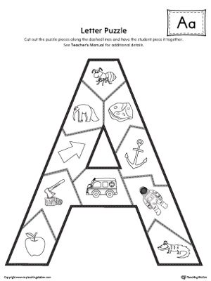 Letter A Puzzle Printable Worksheet.The Letter A Puzzle is perfect for helping students practice recognizing the shape of the letter A, and it's beginning sounds, along with developing fine-motor skills. It includes high-quality graphics (300 dpi) that represent the beginning sound of the letter A and easy-to-follow lines for re-assembling the puzzle. Letter A Puzzle, Alphabet Letter Hunt, Alphabet Word Wall Cards, Alphabet Word Wall, Letter A Words, Puzzle Printable, Beginning Sounds Worksheets, Puzzle Activity, Alphabet Words