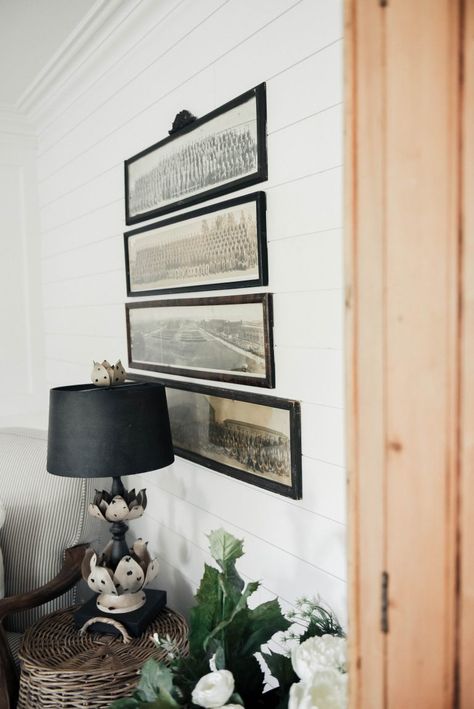 Vintage Panoramic Photo Gallery Wall – The Beginning | Front Living Room, Cottage Style Living Room, Photo Gallery Wall, Photo Wall Display, Dining Room Lamp, South Shore Decorating, Display Coffee Table, Panoramic Photo, Photo Wall Gallery