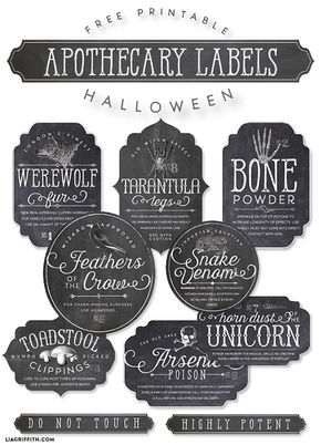 Every good witch or wizard needs a fine set of apothecary labels for some playful Halloween decorations. Here is a set that will keep your potion making ingredients in order #freeprintable Halloween Apothecary Labels, Deco Cinema, Imprimibles Halloween, Uhyggelig Halloween, Halloween Apothecary, Apothecary Labels, Potion Labels, Image Halloween, Halloween Bottles