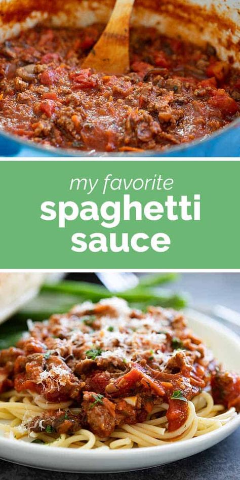 My favorite spaghetti sauce recipe of all time! Hearty and meaty and filled with tons of flavor, this is a spaghetti sauce for any meat sauce lover! #recipe #dinner #spaghetti #spaghettisauce #familydinner Dinner Spaghetti, Best Spaghetti Sauce, Spaghetti Meat Sauce, Best Spaghetti, Spaghetti Sauce Recipe, Easy Spaghetti, Best Pasta Recipes, Recipe Dinner, Baked Spaghetti