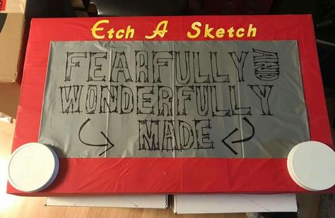 Etch A Sketch Bulletin Board, Grey Table Cloth, Twists And Turns Vbs, Maker Fun Factory Vbs 2017, Game Night Decorations, Maker Fun Factory Vbs, Maker Fun Factory, Vacation Bible School Themes, Sketch Logo