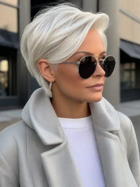 30 Hair Color Ideas For 40-Year-Old Moms Short Hairstyle Women Style, Color Grey Hair Ideas, Sarah Harding Short Hair, Hair Color Ideas For 30 Year Olds, Long Grey Bob Hairstyles, Short Blonde Hair Pixie Older Women, Platinum Short Bob, Short Straight Bob Haircut, Trendy Short Hair Styles Shoulder Length