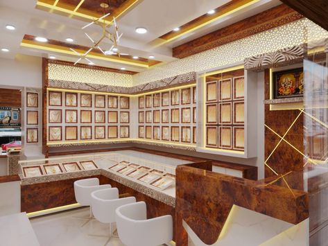 Gold Showroom Interior, Small Gold Shop Interior Design, Small Jewelry Shop Interior Design, Showroom Ceiling, Resturant Interior Design, Curtain Designs For Bedroom, Shop Counter Design, Jewelry Showroom, Jewelry Store Interior