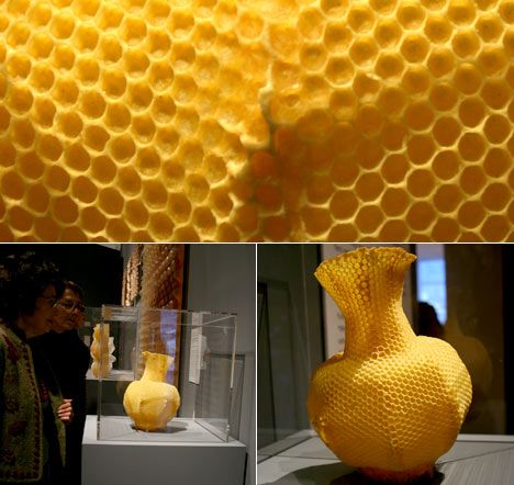 Design and the Elastic Mind: Honeycomb Vase  The 'Honeycomb Vase' by Tomas Gabzdil Libertiny debuted in Milan last year as part of Droog's exhibition. The vase is literally made by bees. Libertiny constructed the piece by making a vase-shaped beehive scaffold which was removed after one week, and the efforts of approximately 40,000 bees. The designer coined the term 'slow prototyping' as an ironic counterpoint to today's rapid prototyping technology. Honeycomb Vase, Net Zero, Rapid Prototyping, Busy Bee, It Goes On, Save The Bees, Bee Hive, One Week, Honeycomb