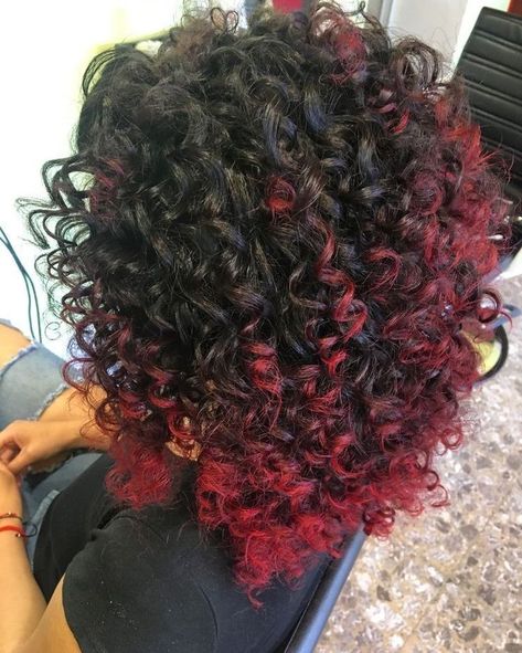 Red Tips On Brown Hair Curly, Black Curly Hair With Red Streaks, Curly Red Hair Dyed Highlights, Red Ends Curly Hair, Curly Hair With Red Tips, Short Curly Hair With Red Highlights, Dyed Ends Natural Hair, Dyed Ends Curly Hair, Black Hair Red Highlights Curly