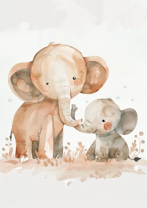 Midjourney AI Image: two smiling elephants, one big and one small, organicforms, in the style of JonKlassen, desaturated ... → more in ai-img-gen.com Baby Boy Art, Elephant Nursery Prints, Elephant Print Art, Elephant Nursery Decor, Elephant Stickers, Animals Watercolor, Elephant Illustration, Baby Elephants, Elephant Wall Art