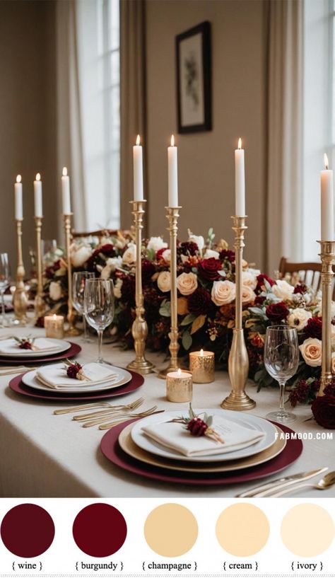 20 Burgundy Wedding Color Combinations for a Stunning Celebration Burgundy Red Wedding Theme, Gold Burgundy Wedding, Burgundy Theme Wedding Decoration, Burgundy Wedding Colors Scheme, Wedding Colors With Burgundy, Wine Color Palette Wedding, Fall Wedding Wine Color, Burgundy And Rose Gold Table Setting, Burgundy Tan Wedding