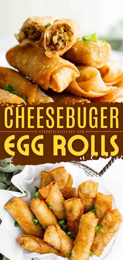 Cheeseburger Egg Rolls, Game day food, easy Game day appetizers Hamburger With Egg, Cheeseburger Egg Rolls, Egg Roll Wrapper, Gameday Food, Homemade Egg Rolls, Spring Roll Recipe, Burger Toppings, Egg Roll Wrappers, Egg Roll Recipes