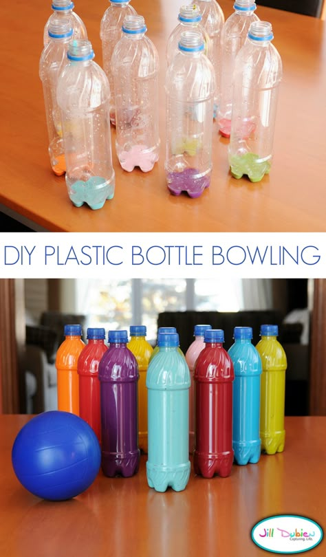 Plastic Bottle Bowling Tutorial Diy Bowling, Diwali Activities, Fun Bowling, Water Bottle Crafts, Bbq Games, Bowling Games, Diy Plastic Bottle, Plastic Bottle Crafts, Kids Water Bottle