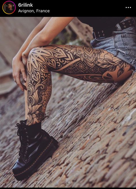 Mandala Tattoo Legs For Women, Women Large Tattoos, Line Work Leg Sleeve, Sacred Geometry Leg Sleeve, Female Tattoo Leg Sleeve, Womens Thigh Sleeve Tattoo, Ladies Leg Sleeve Tattoo, Full Leg Piece Tattoo, Geometric Leg Sleeve Women